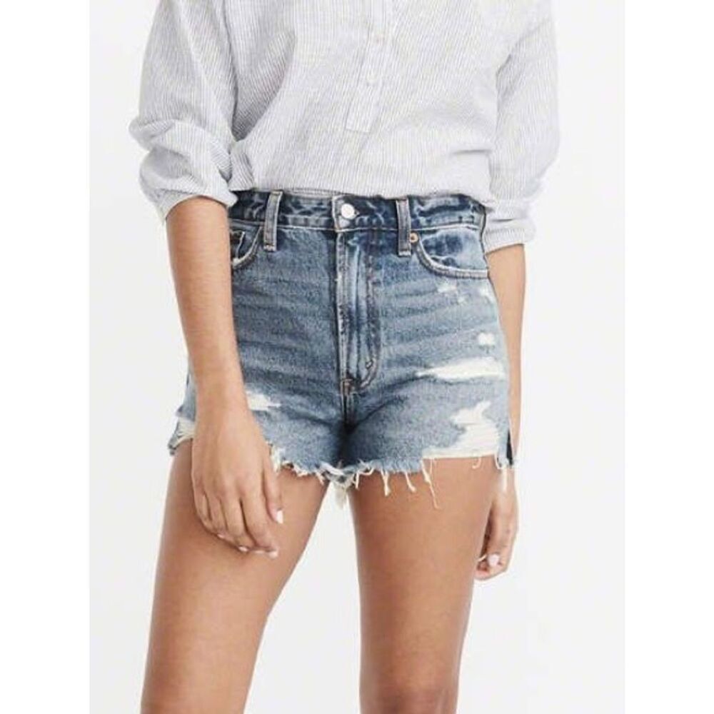 Abercrombie & Fitch The Mom Short - High Rise Curve Love Distressed Denim, Sz 10